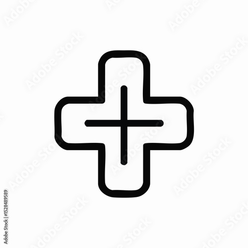 Black outline of a plus sign with rounded corners centered on a white background