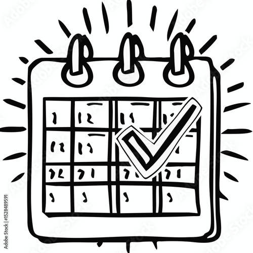 Black and white illustration of a calendar with a checkmark over a date