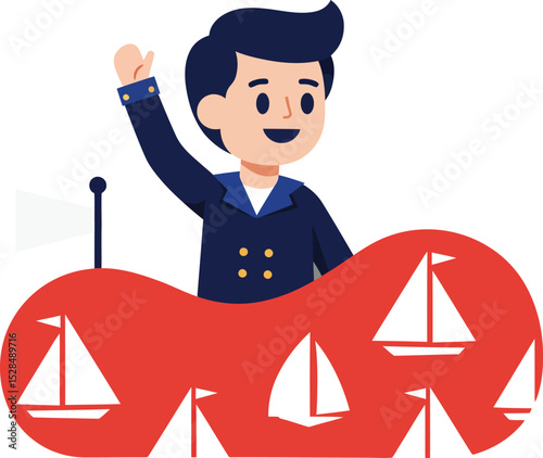Young boy waving hand standing behind red wavy shape with white sailboat icons vector illustration 