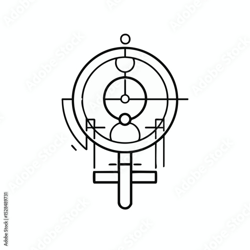 Line drawing features a circle with various geometric shapes and a cross symbol at the bottom