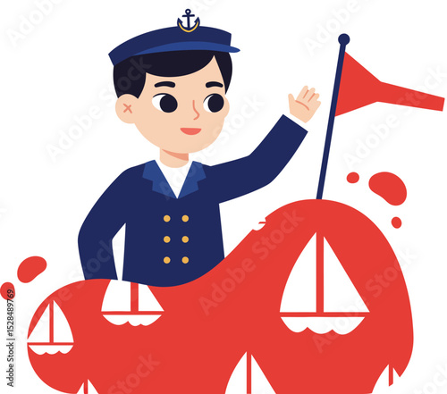 Sailor in navy uniform standing on red shoe with sailboat decorations vector illustration 