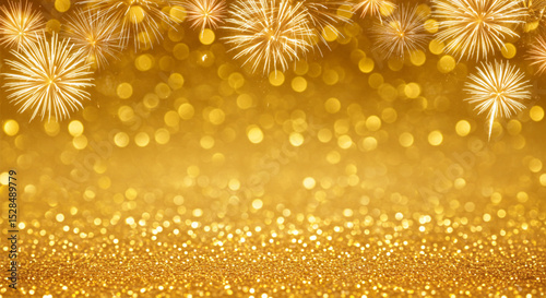 Golden shimmering sparkles and glowing light bokeh background, ideal for celebrations, holidays, and party themes