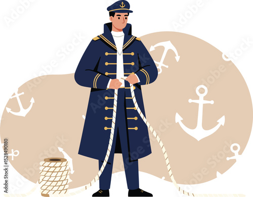 Sailor wearing navy blue coat and hat holding rope with anchor symbols background vector illustration 