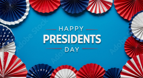  Happy Presidents Day greeting card with red white and blue design and wooden background, festive American holiday layout
