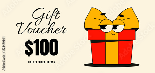 Sale gift voucher card, coupon promotion, certificate, ticket template, discount, sale banner. Vector illustration with funky groovy character gift box
