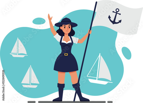 Woman sailor holding anchor flag with sailboats in background vector illustration in navy blue outfit 