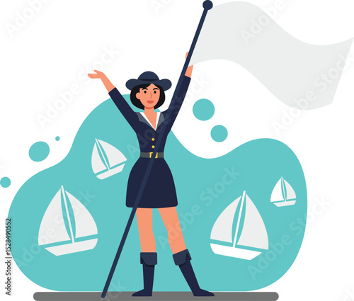 Woman holding white flag with sailboats in background vector illustration for leisure and lifestyle themes 