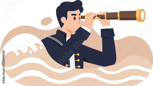 Man in sailor uniform looking through telescope on water waves vector illustration with navy theme 