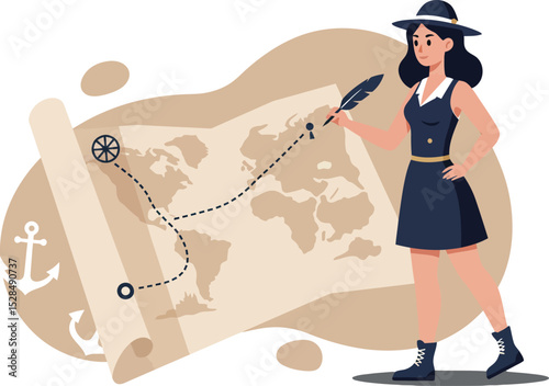Woman Explorer Holding Feather Pen with Old World Map and Anchor Nautical Elements Vector Illustration 