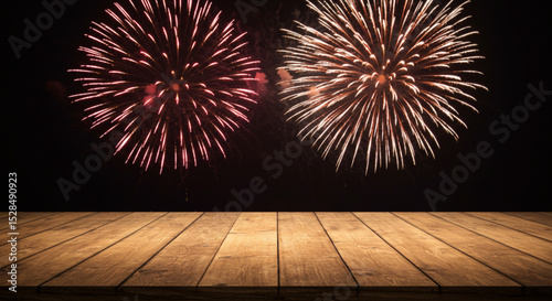 Celebrating With Explosions: Dramatic fireworks burst in a dark night sky, with a rustic wooden table. capturing the beauty of fireworks and the warmth of the wooden table.