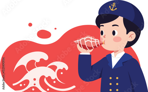Young sailor drinking water in navy uniform with red ocean wave background vector illustration 
