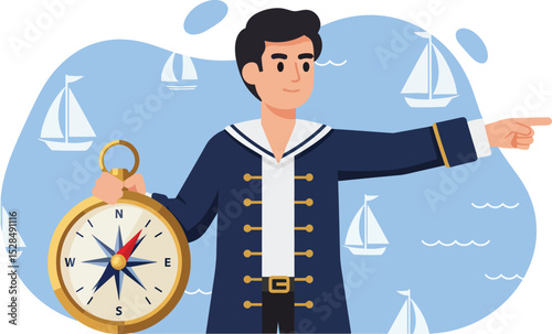 Sailor holding compass pointing direction with blue sea and sailing boats background vector illustration 