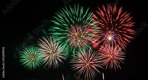 Fireworks Celebration: A dazzling display of colorful fireworks bursts in the night sky, illuminating the darkness with a vibrant symphony of light and color. Capturing joy and festivities.