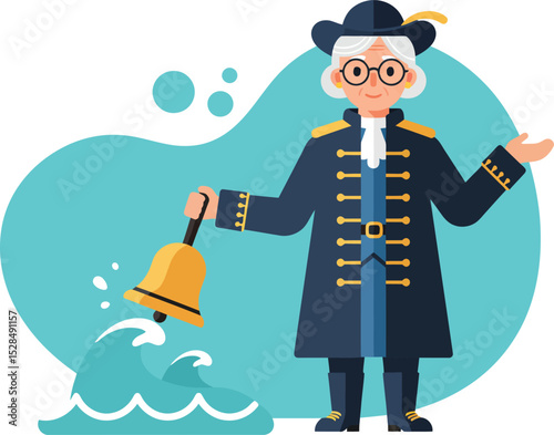Captain ringing ship bell on ocean waves vector illustration in nautical uniform and hat 
