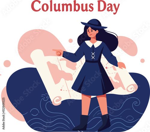 Columbus Day illustration featuring woman sailor standing on ship with map celebrating holiday vector 