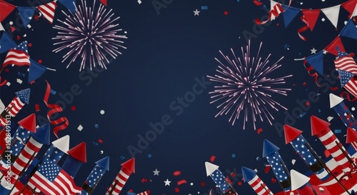 Patriotic Celebration: Vibrant fireworks light up the night sky, surrounded by festive flags, and streamers, capturing the spirit of freedom and celebration.
