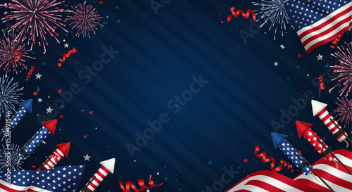 Independence Day Celebration: A vibrant display of fireworks erupts against a backdrop of stars and stripes, celebrating freedom and patriotism. 