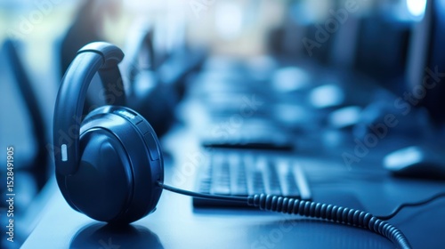 Office headset resting by computer keyboard, call center work setup concept