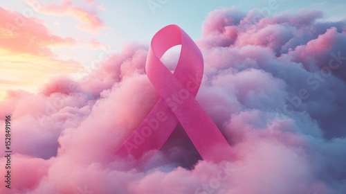 Pink ribbon against ethereal clouds, symbolizing hope, awareness and support