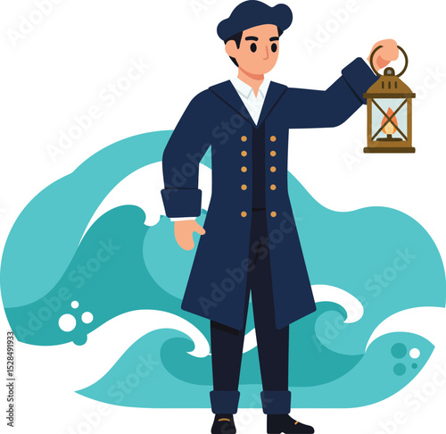 Man holding lantern in navy blue coat with stylized ocean waves background vector illustration 