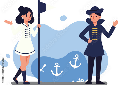 Two sailors in vintage navy uniforms standing by nautical flags with anchor symbols vector illustration 