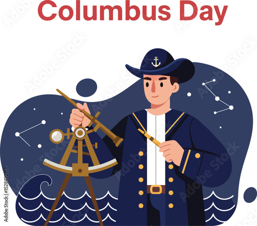 Columbus Day celebration with historic explorer and nautical instrument vector illustration 