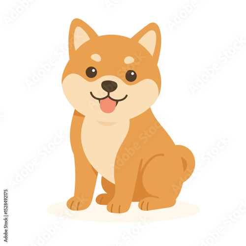 A cheerful Shiba Inu puppy sits with its tongue out, showcasing its friendly demeanor. This adorable pet enjoys a playful moment, perfect for dog lovers.