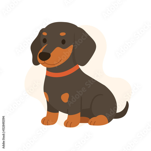 A playful cartoon dachshund sits happily, featuring rich brown and orange fur, with a charming expression and a bright collar, exuding warmth and friendliness.