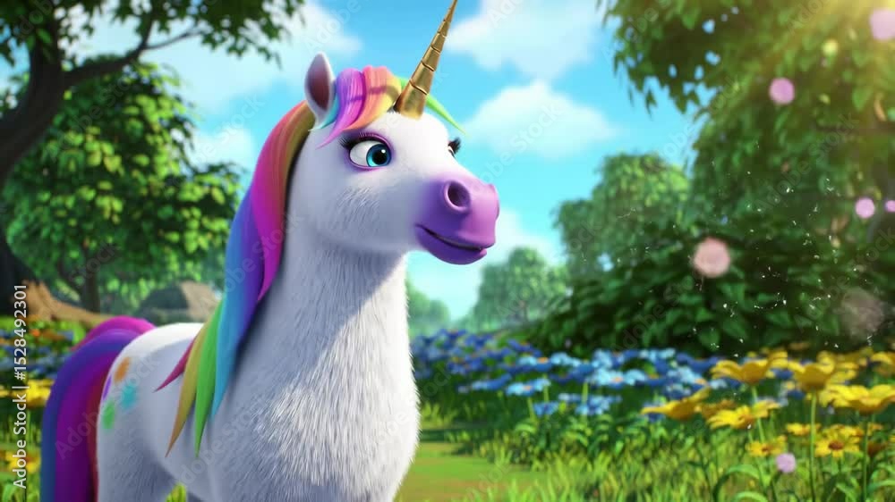 Animated unicorn in lush landscape