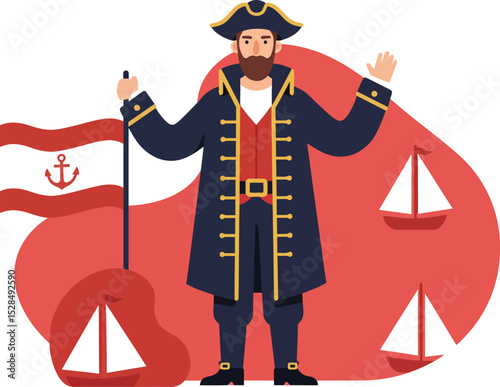 Pirate character with navy blue coat holding red and white nautical flag vector illustration 