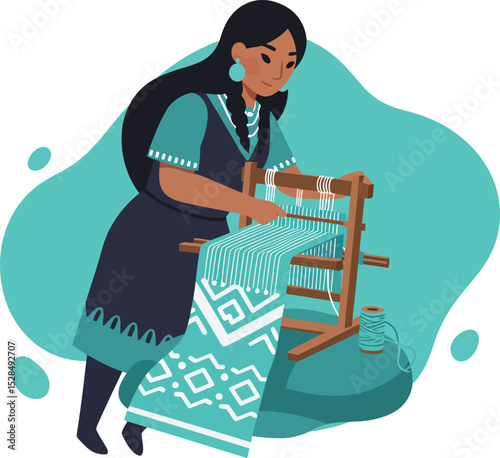 Indigenous woman weaving traditional textile on loom in culturally rich scene vector illustration 
