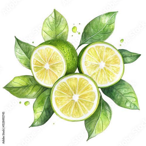 Watercolor limes with leaves isolated on transparent background