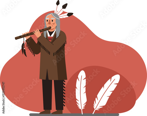 Native American man playing traditional flute with feathers and cultural attire vector illustration 