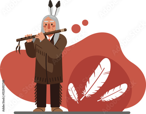 Native American man playing flute with traditional feathers and brown outfit vector illustration 