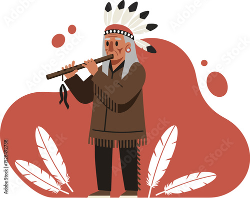 Native American man playing flute in traditional attire with feather headdress vector illustration 