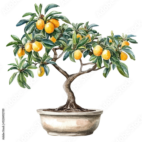 watercolor vector of A Loquat Bonsai, high quality, isolated on a white background.