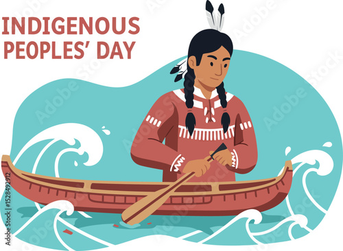 Indigenous Peoples Day Native American Woman Paddling Canoe Celebrating Heritage Vector Illustration 