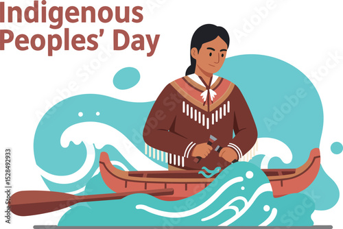 Indigenous Peoples Day celebration with traditional canoe and man in native attire vector illustration 