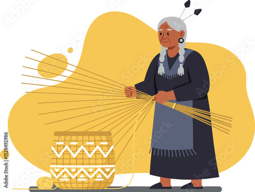Indigenous Woman Weaving Traditional Basket with Natural Fibers Vector Illustration in Black and Yellow Palette 