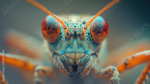 Intricate macro view of a colorful grasshopper revealing detailed textures and patterns