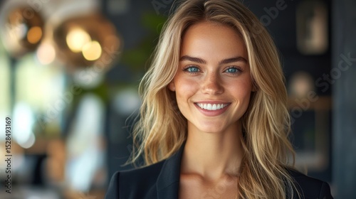 Confident woman with a radiant smile indoors, evoking professional success and elegance