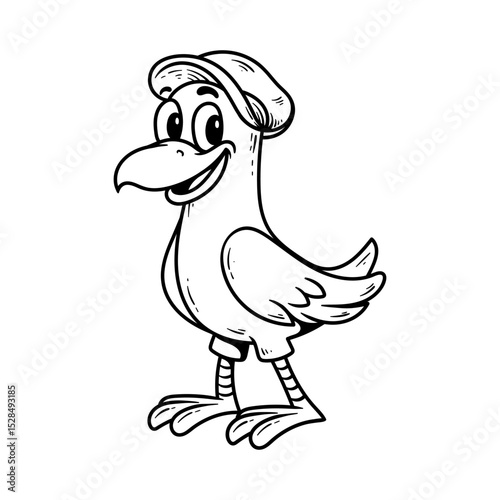 fun cute seagull with hat cartoon character isolated drawing line style sketch classic vintage design illustration
