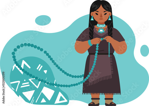 Native American woman wearing traditional dress holding turquoise jewelry beads vector illustration 