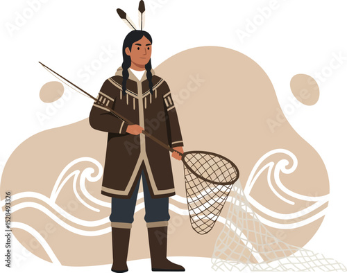 Indigenous man holding fishing net and spear in traditional clothing standing by water with waves vector illustration 