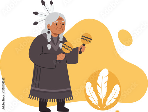 Indigenous woman in traditional dress holding maracas cultural vector illustration with yellow background 