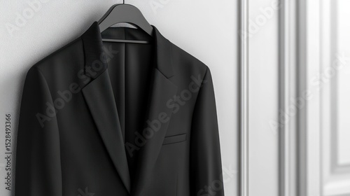 Sophisticated black suit jacket hanging elegantly against a classic wall