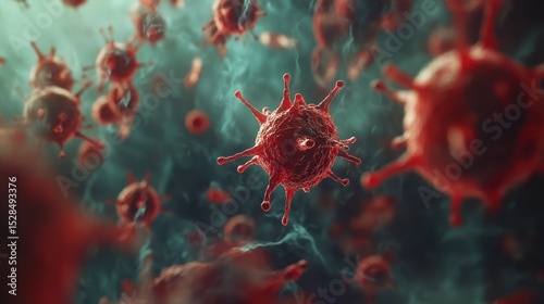 Close-up of viral particles floating in biological fluid, microscopic view