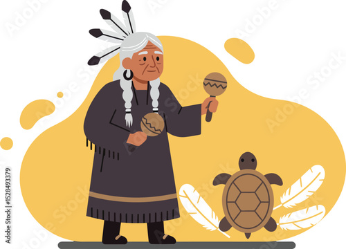 Native American elder woman with traditional attire and ceremonial rattle dancing with turtle vector illustration 