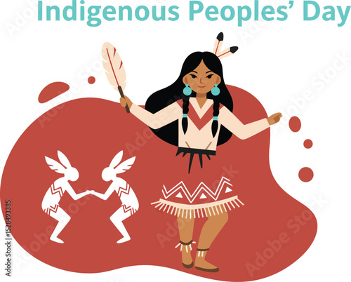 Indigenous Peoples Day Celebration with Native American Woman Holding Fan and Traditional Dance Symbols Vector Illustration 