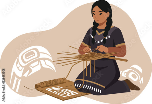 Indigenous woman weaving traditional art with natural fibers in cultural setting vector illustration 